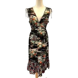 Lucky Brand Small Midi Dress Sleeveless Japanese Pagoda V-Neck Ruffle Hem